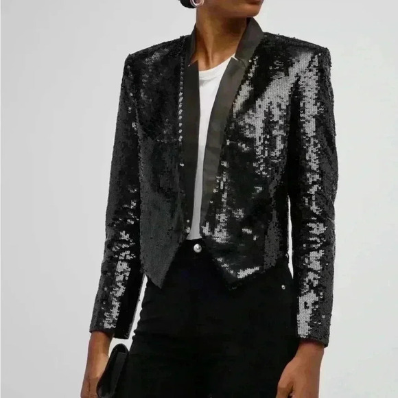 Veronica Beard Sequin Jacket Crop Blazer Delony Black Glitter 12 Notch Open $900 - Picture 7 of 9